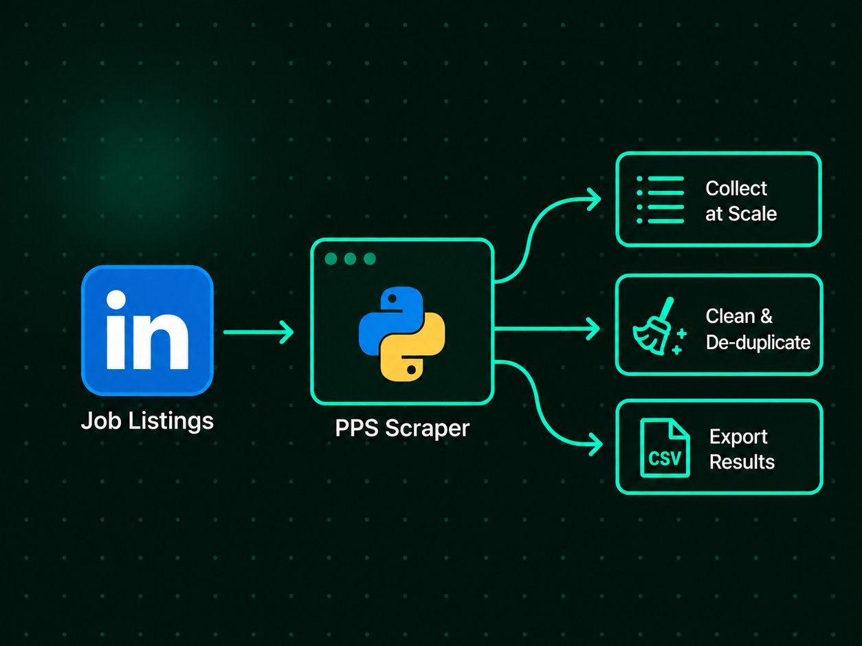 Diagram — LinkedIn public job pages scraped, cleaned, de-duplicated and exported